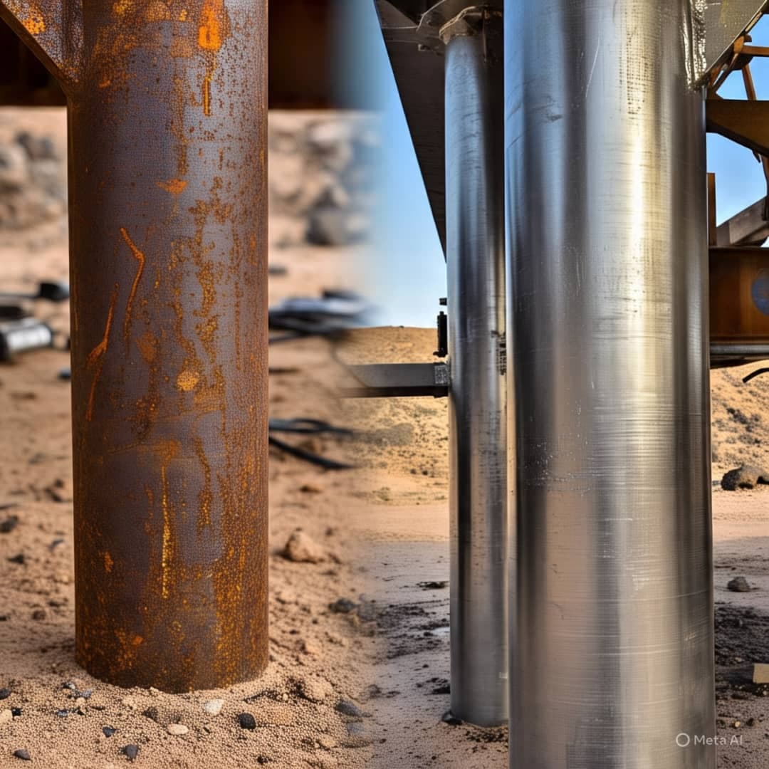 Corroded rig leg becoming factory-new after robotic blasting