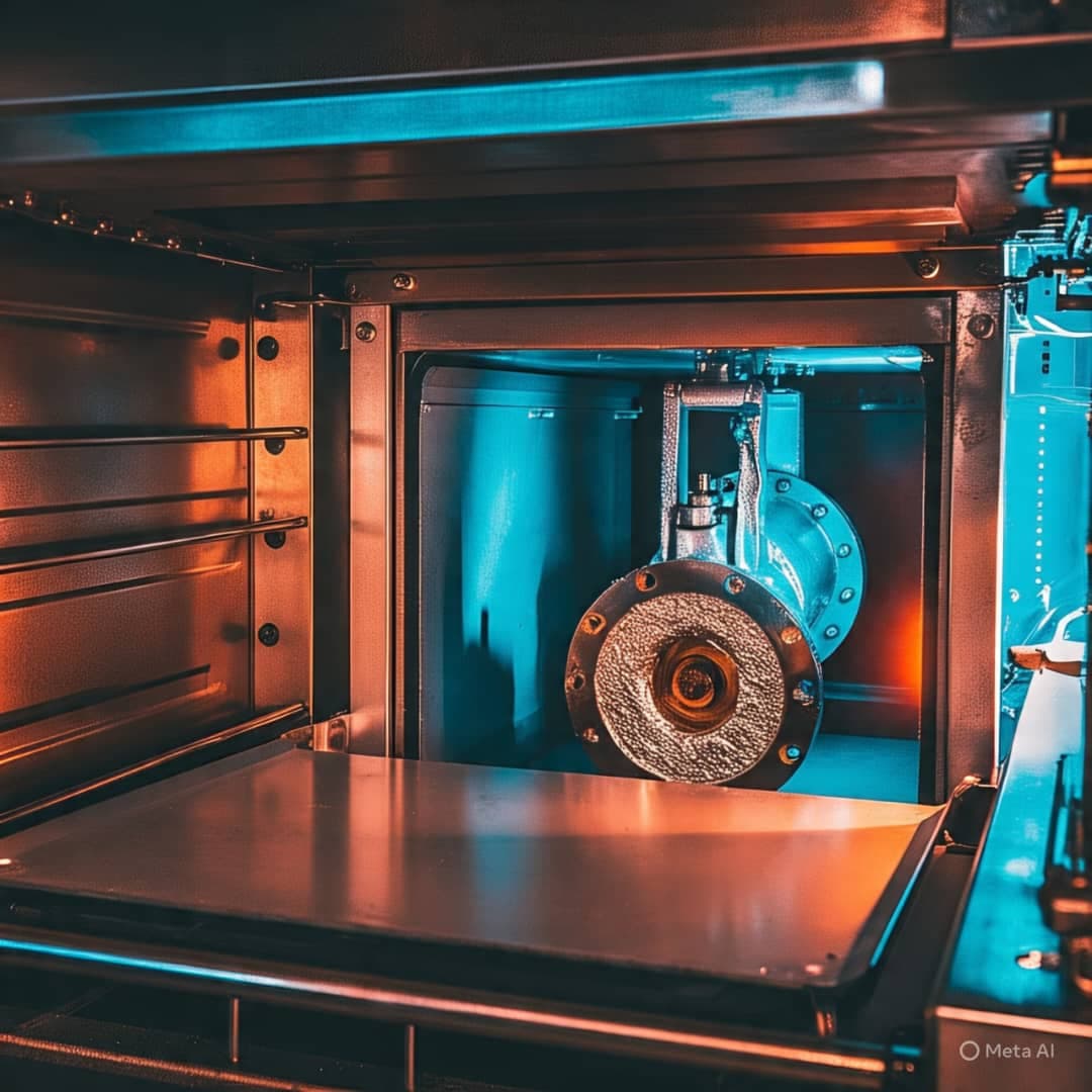 Glowing oven opening to reveal a freshly coated valve